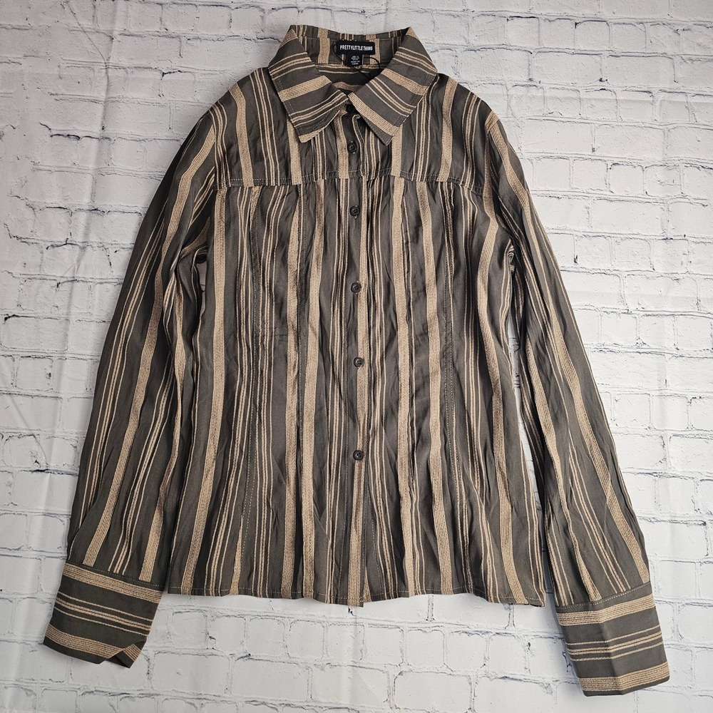 NEW PRETTYLITTLETHING Brown Striped Fitted Button Up Shirt Women Size 12